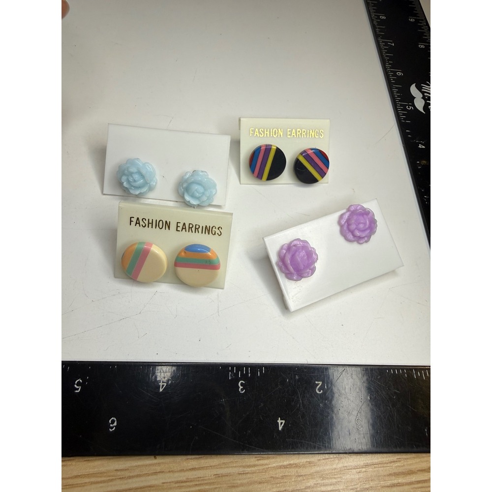 Lot of 4 Pairs Stud Earrings Rose Floral and Striped Multi Color Retro Style